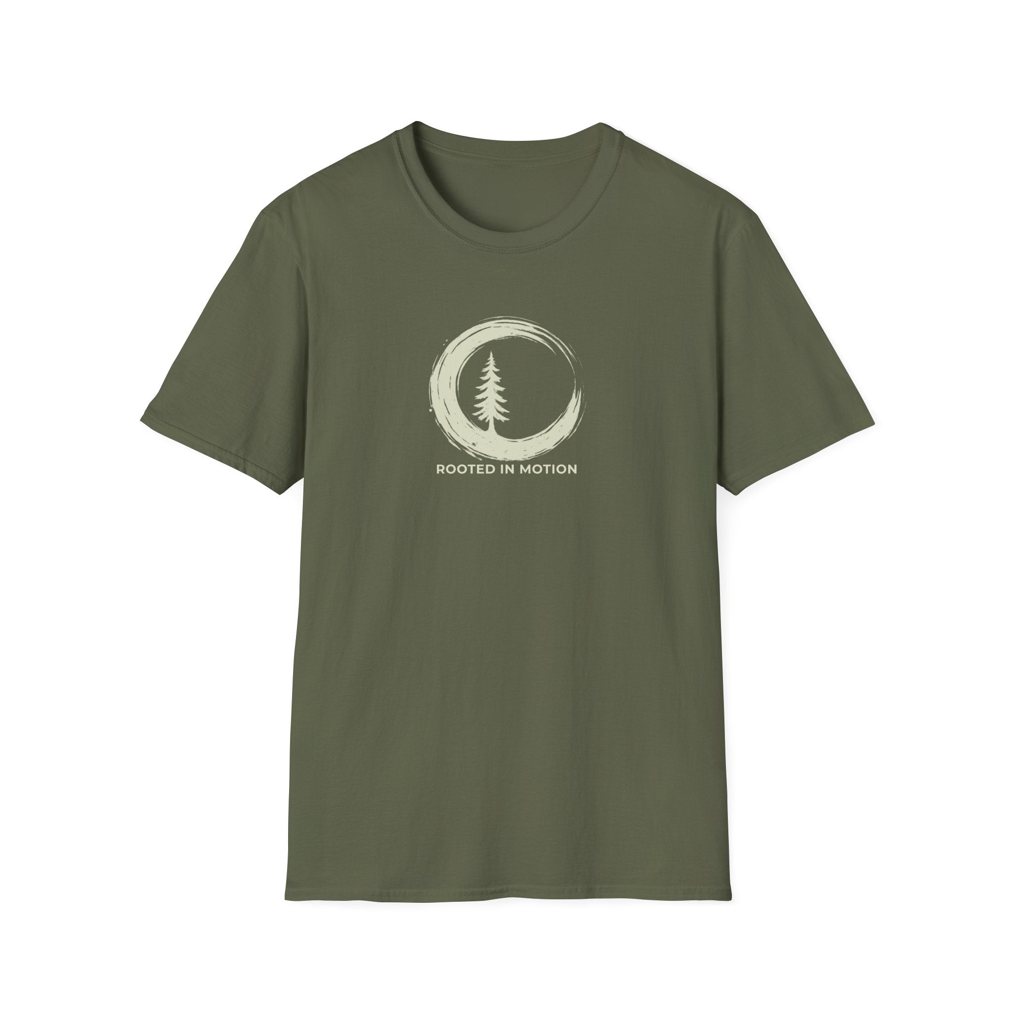 Rooted In Motion Tree Enso Bold with text Tee